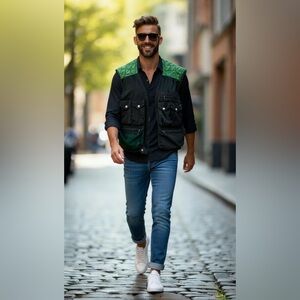 90’s Vintage On The Brinks Black and Green Quilted Utility Vest - Size XL